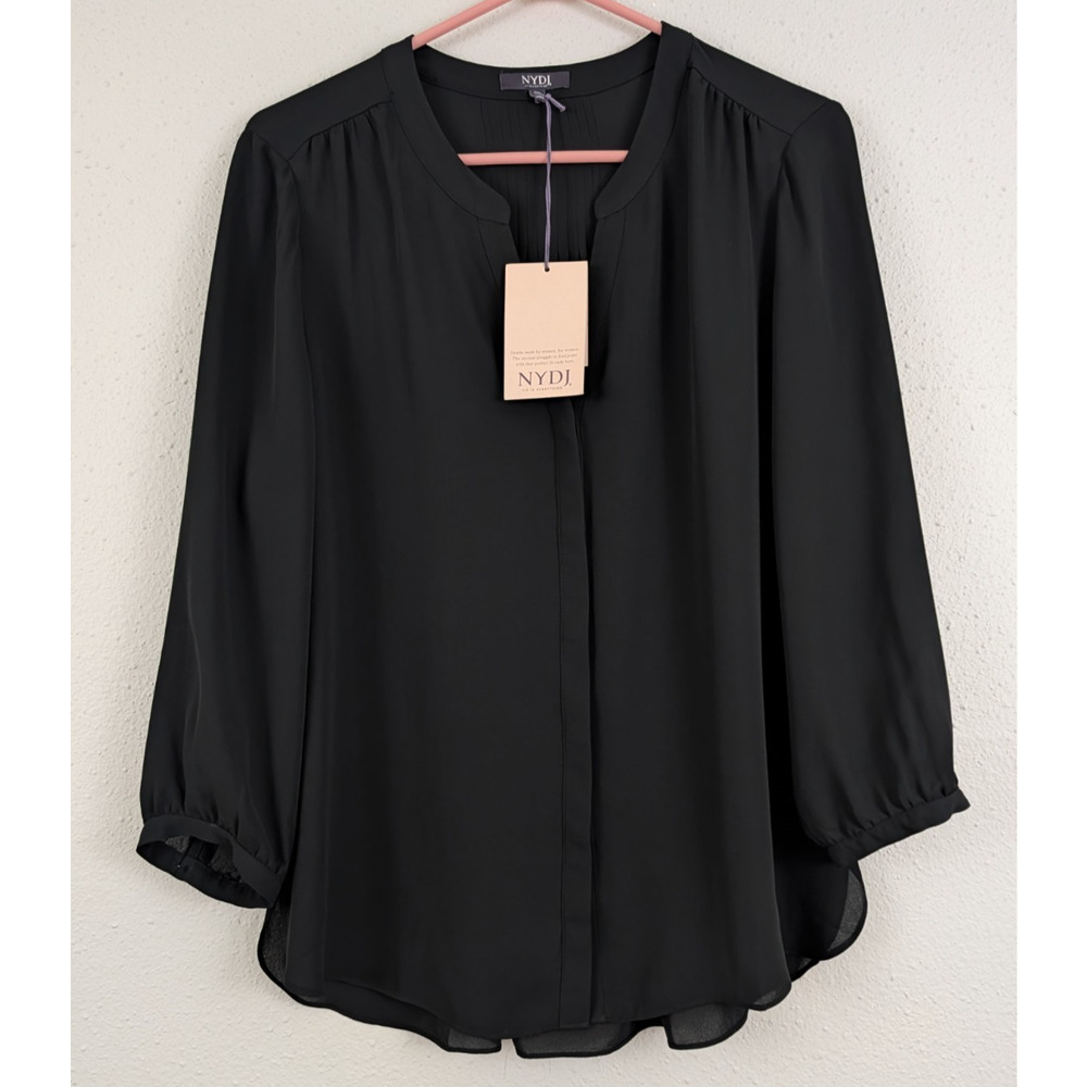 New NYDJ sz M Sheer Pintuck Blouse black buttons up v-neck shirt 0032